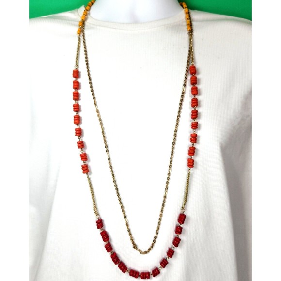 Long Chain & Bead Necklace Double Strand 42 in. Gold Tone Red Yellow Opera Style - Picture 1 of 8